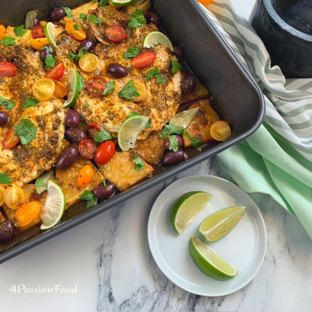 Oven baked fish with Moroccan chermoula and celeriac root