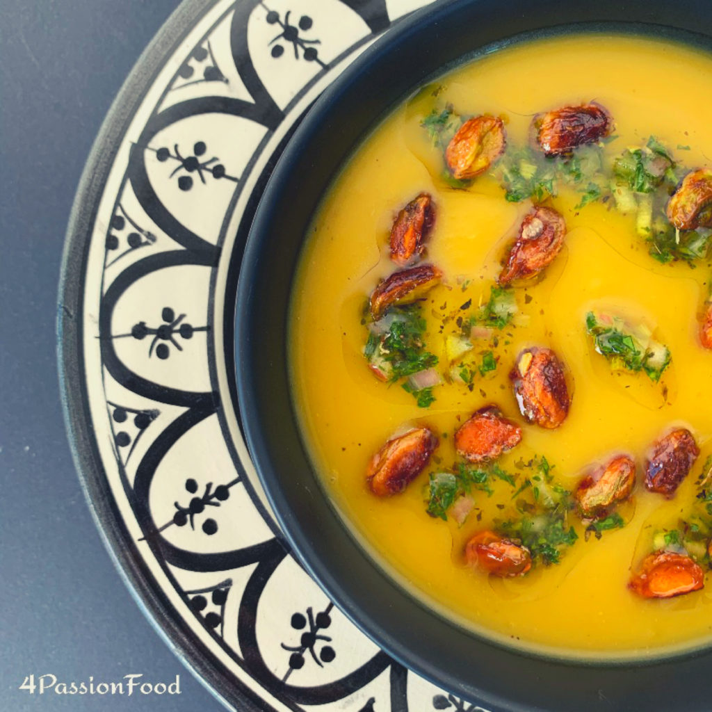 Butternut squash and saffron soup with caramelised pistachio and herb salsa. - 4passionfood - Englis