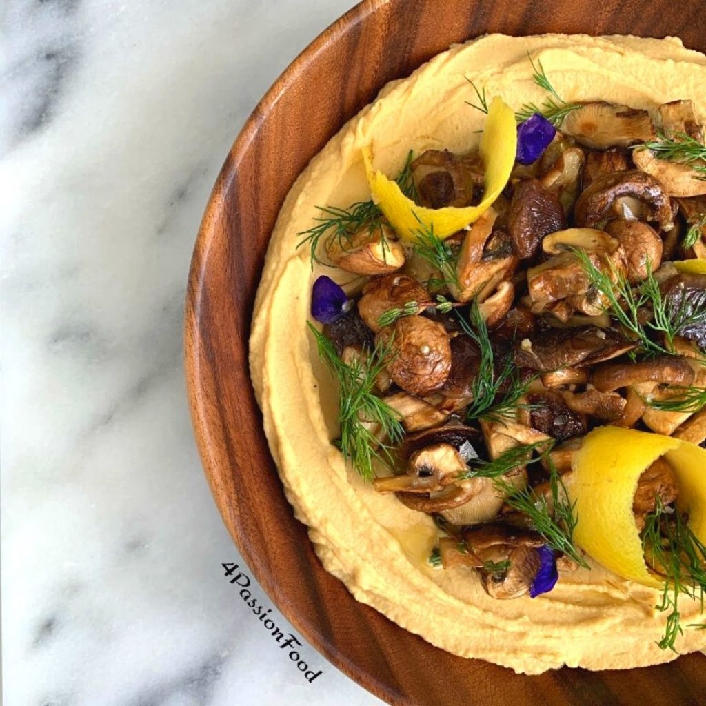 Confit garlic hummus with grilled mushrooms Ottolenghi 4passionfood