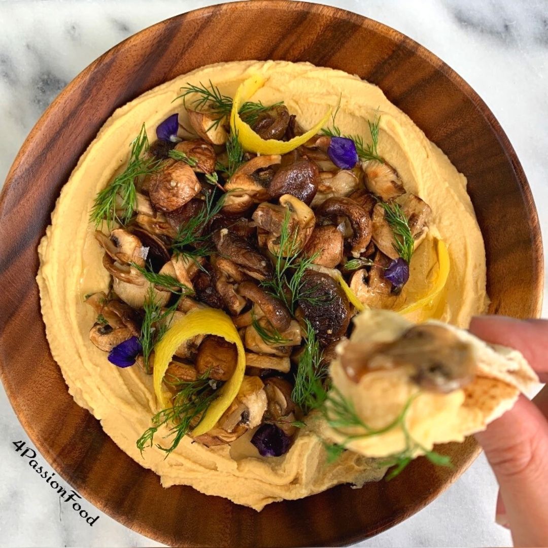 Confit garlic hummus with grilled mushrooms Ottolenghi 4passionfood