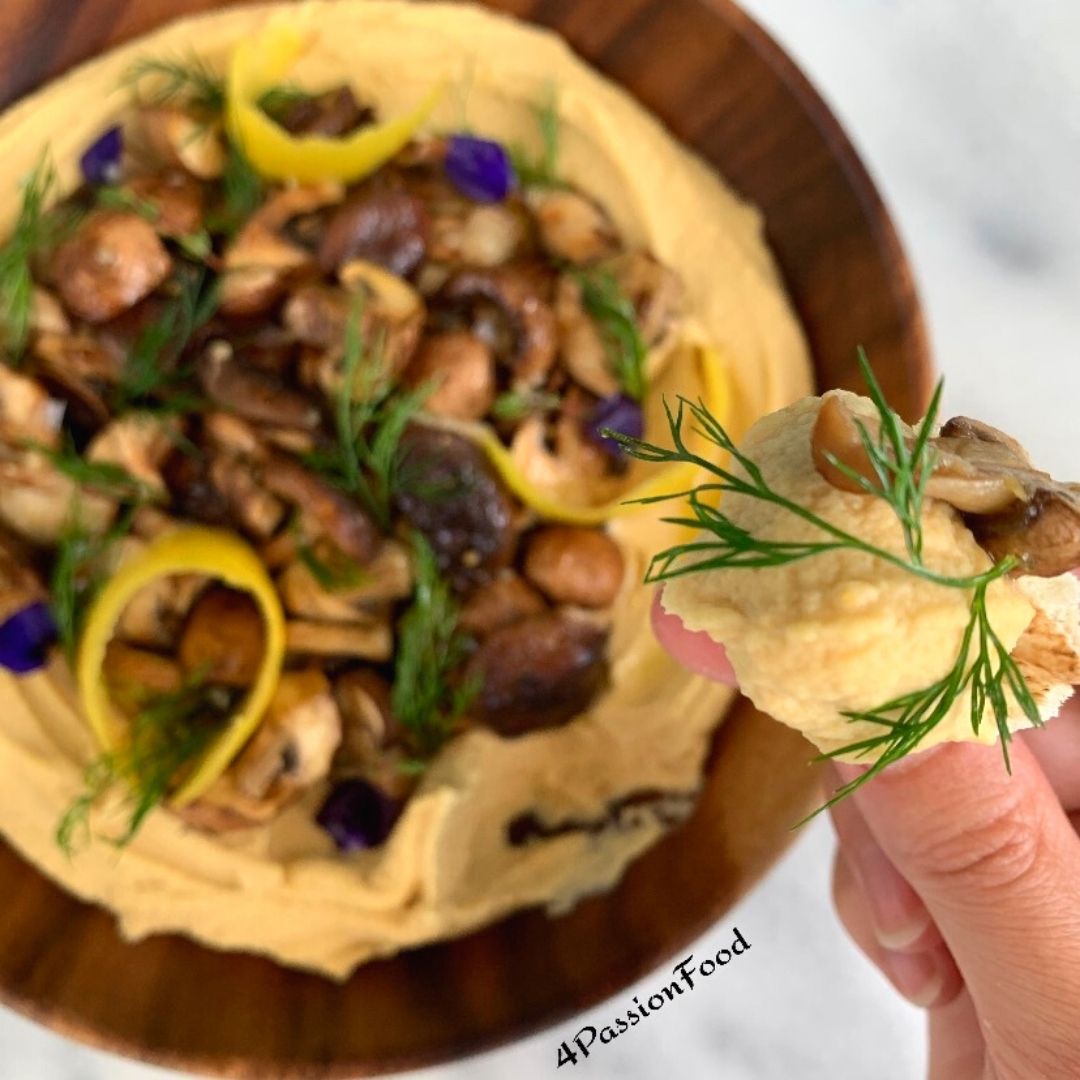 Confit garlic hummus with grilled mushrooms Ottolenghi 4passionfood