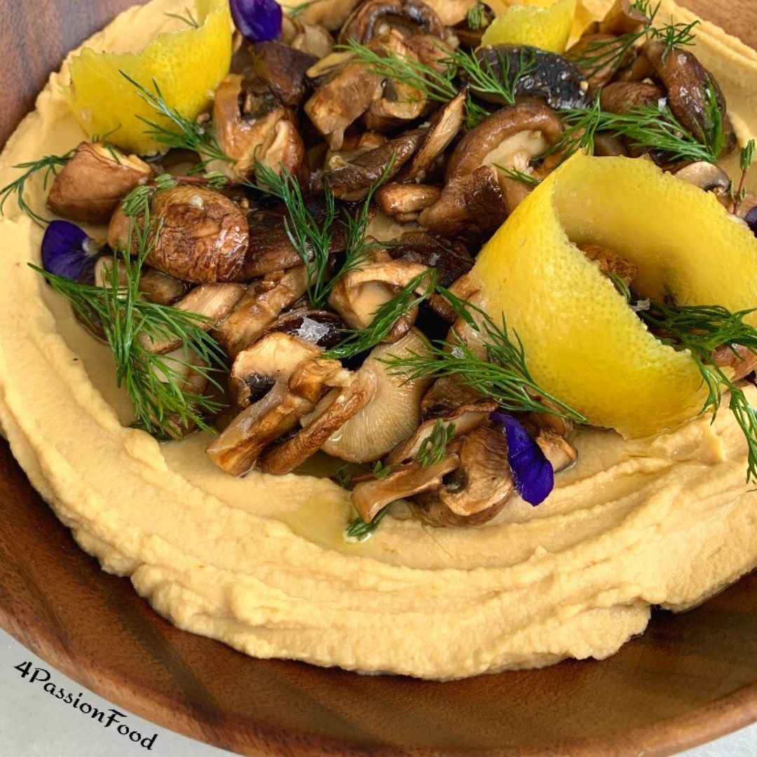 Confit garlic hummus with grilled mushrooms Ottolenghi 4passionfood