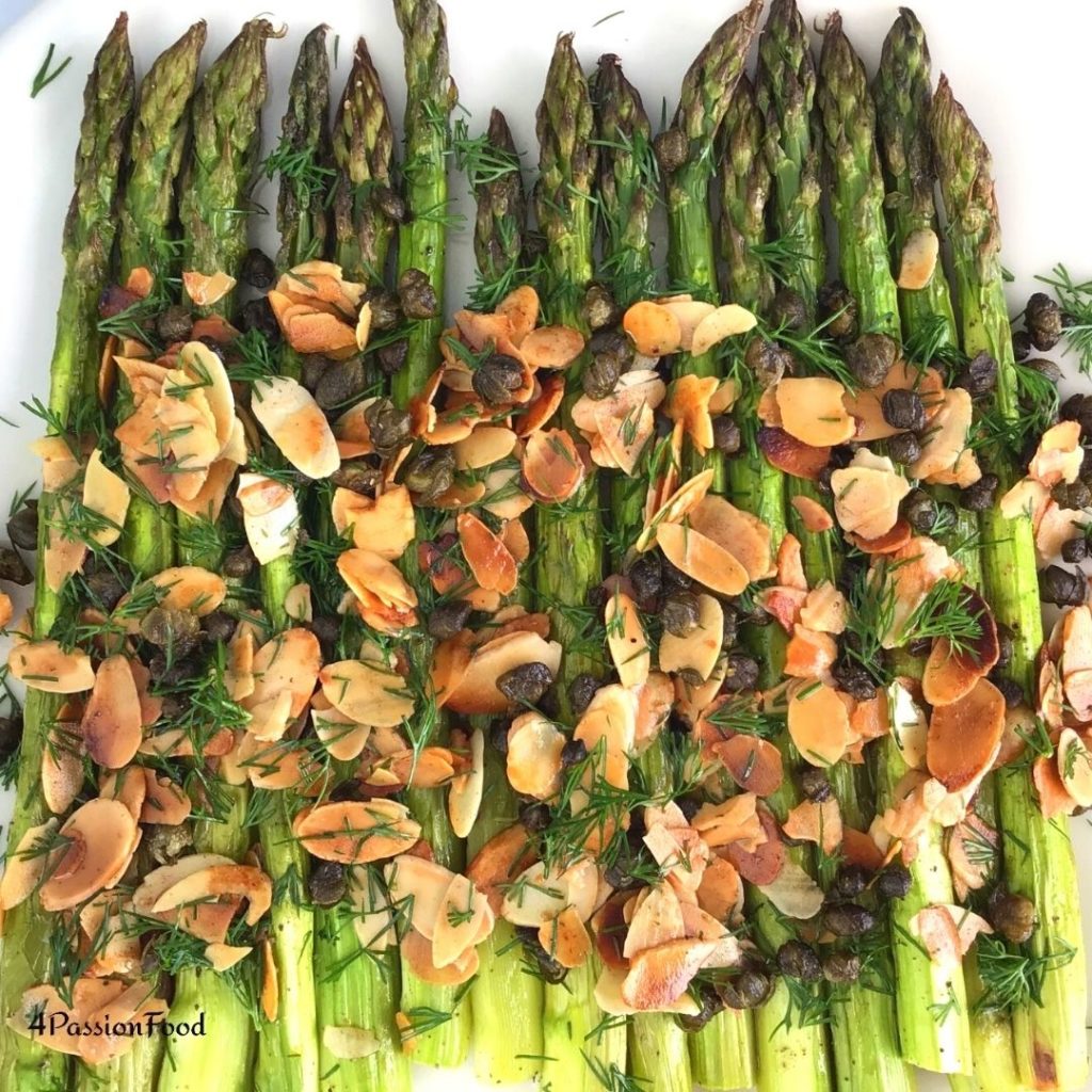 Roasted asparagus with almonds, capers and dill 4passionfood English