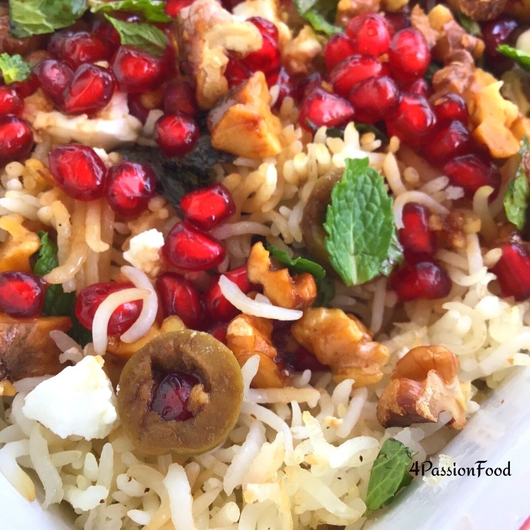 Baked mint rice with pomegranate & olive salsa Ottolenghi